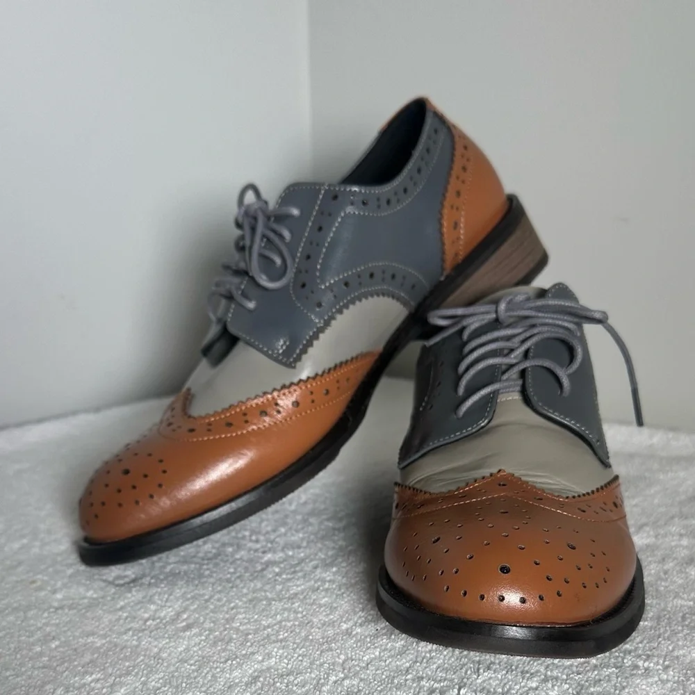 Women's Classic Leather Oxford Shoes Gray Brown Tan Size 9 - Picture 4 of 6